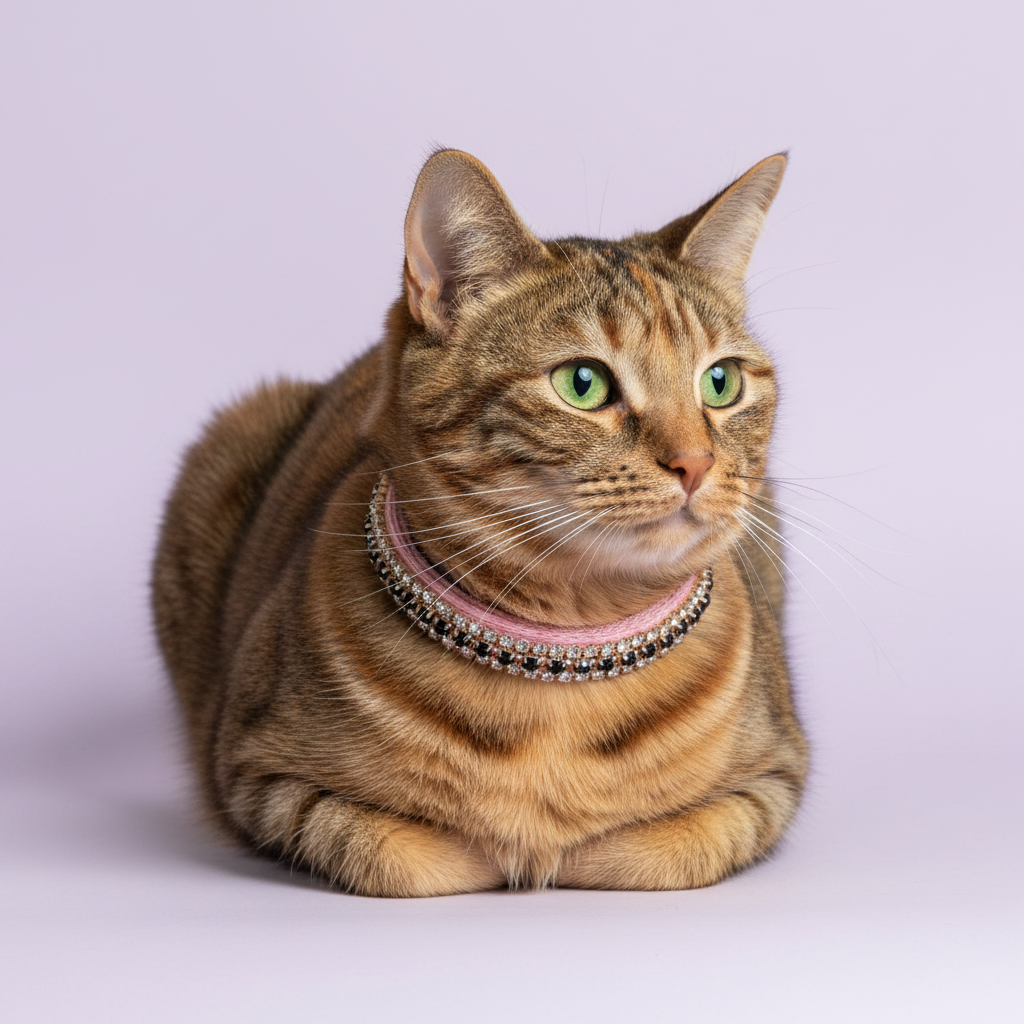 Green-eyed brown tabby cat in loaf position facing camera wearing a pink velvet double-row black and clear crystal rhinestone collar, luxury rhinestone cat collar on lavender background