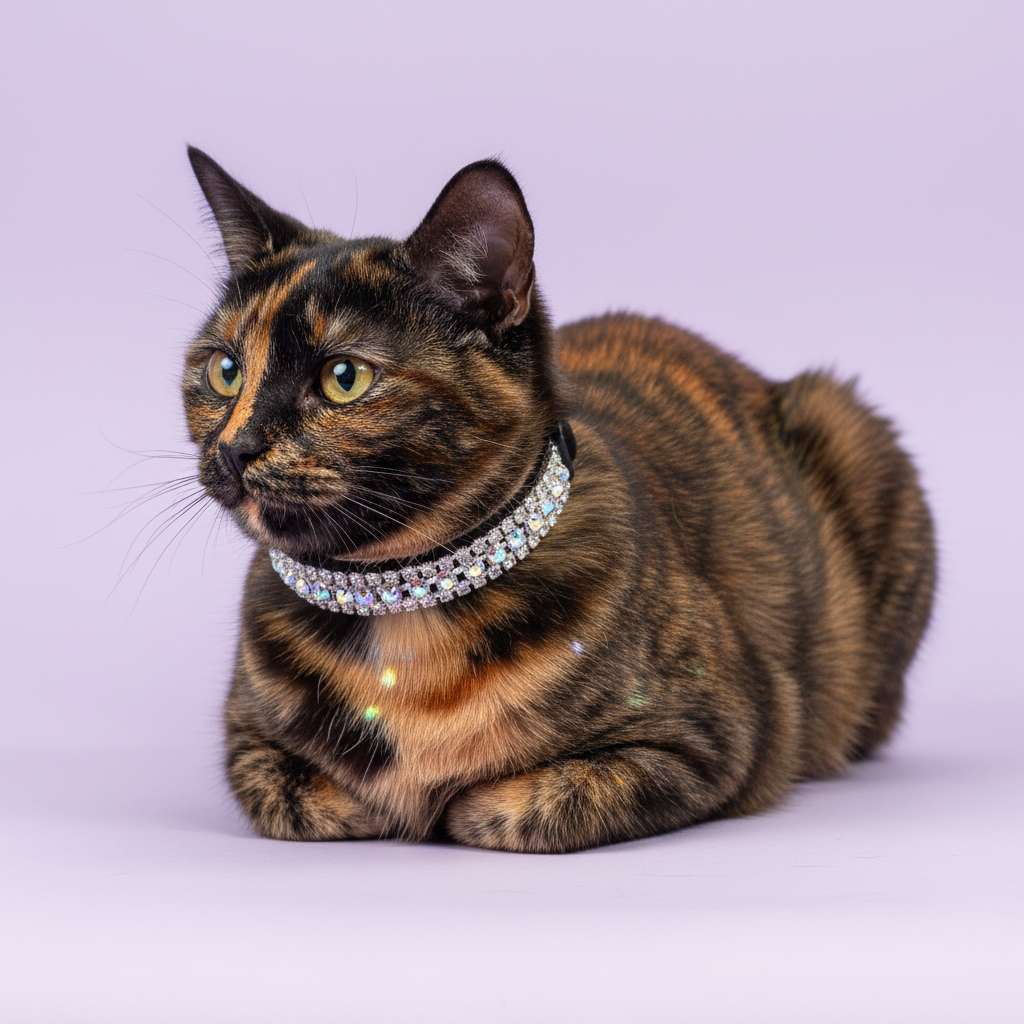 Green-eyed tortoiseshell cat in loaf position gazing to the side wearing a black velvet triple-row AB iridescent crystal rhinestone collar, luxury rhinestone cat collar on lavender background