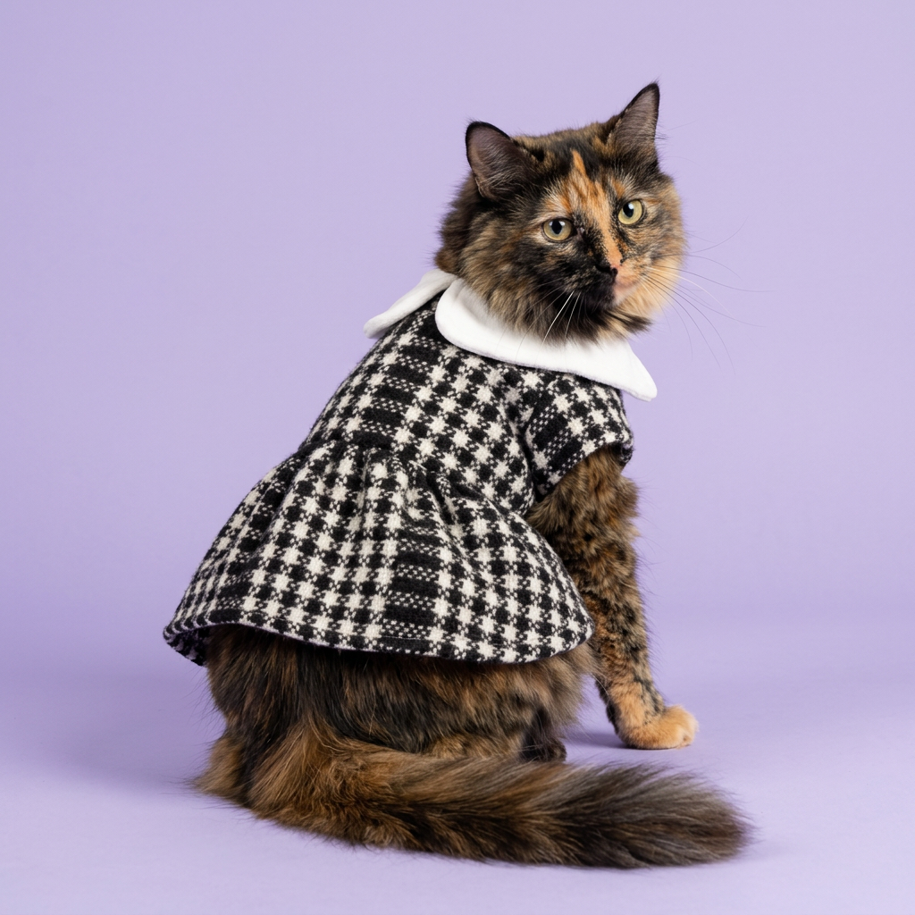 Tortoiseshell cat looking over its shoulder in the houndstooth dress