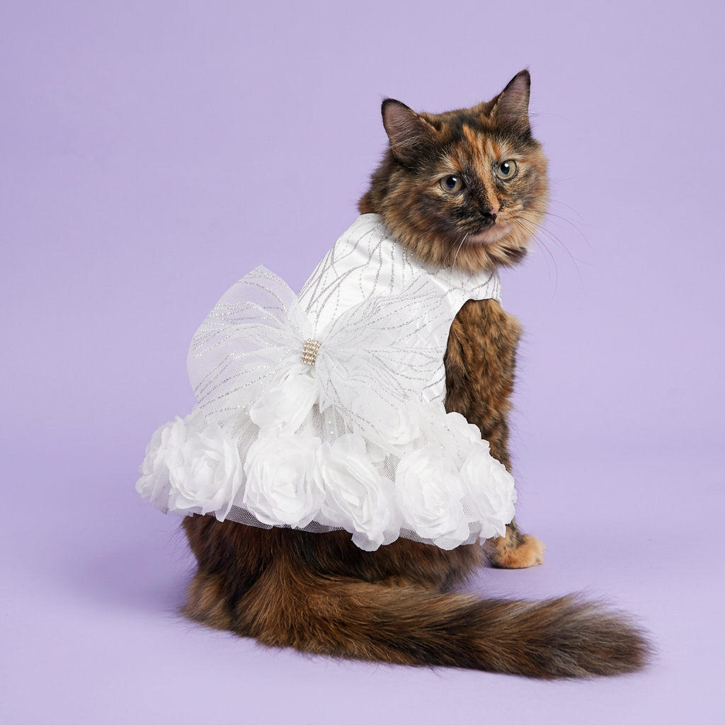 Tortoiseshell cat looking over its shoulder in the white rosette dress
