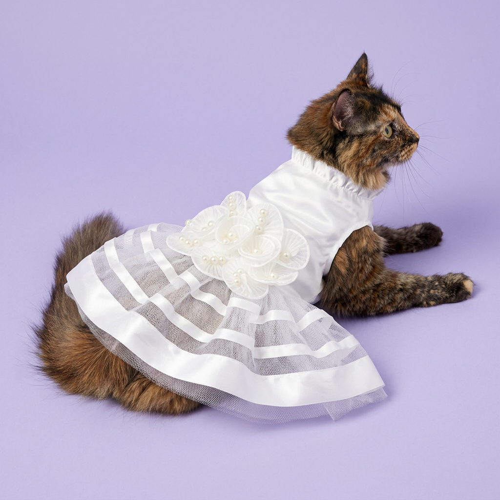 Tortoiseshell cat lounging in the white dress