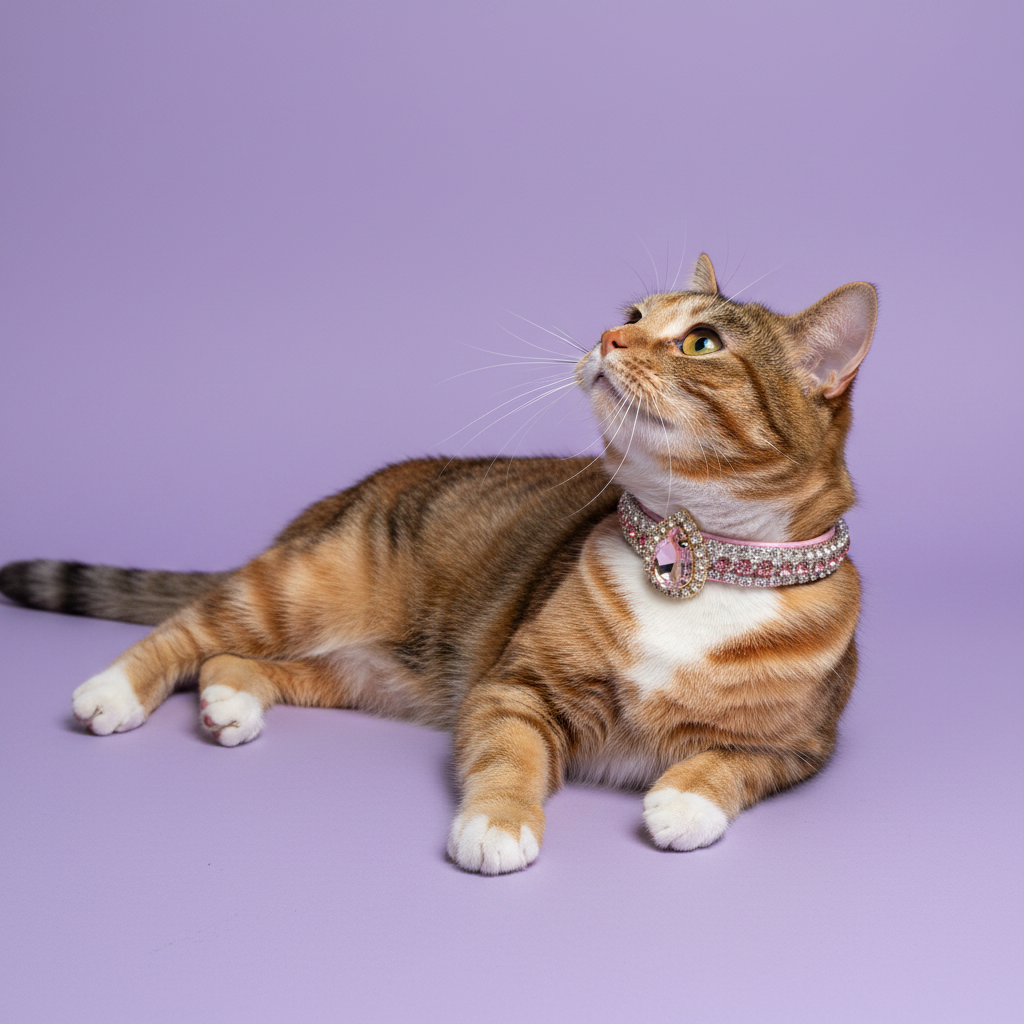 Amber-eyed brown and orange tortoiseshell tabby cat lying down with head raised and gazing upward wearing a pink AB iridescent rhinestone collar with oval pink amethyst crystal pendant, luxury gemstone cat collar on lavender background