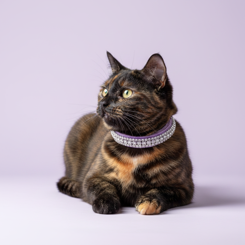 Yellow-green-eyed tortoiseshell cat lying down with head raised and gazing upward wearing a lavender velvet triple-row clear crystal rhinestone collar, luxury rhinestone cat collar on lavender background
