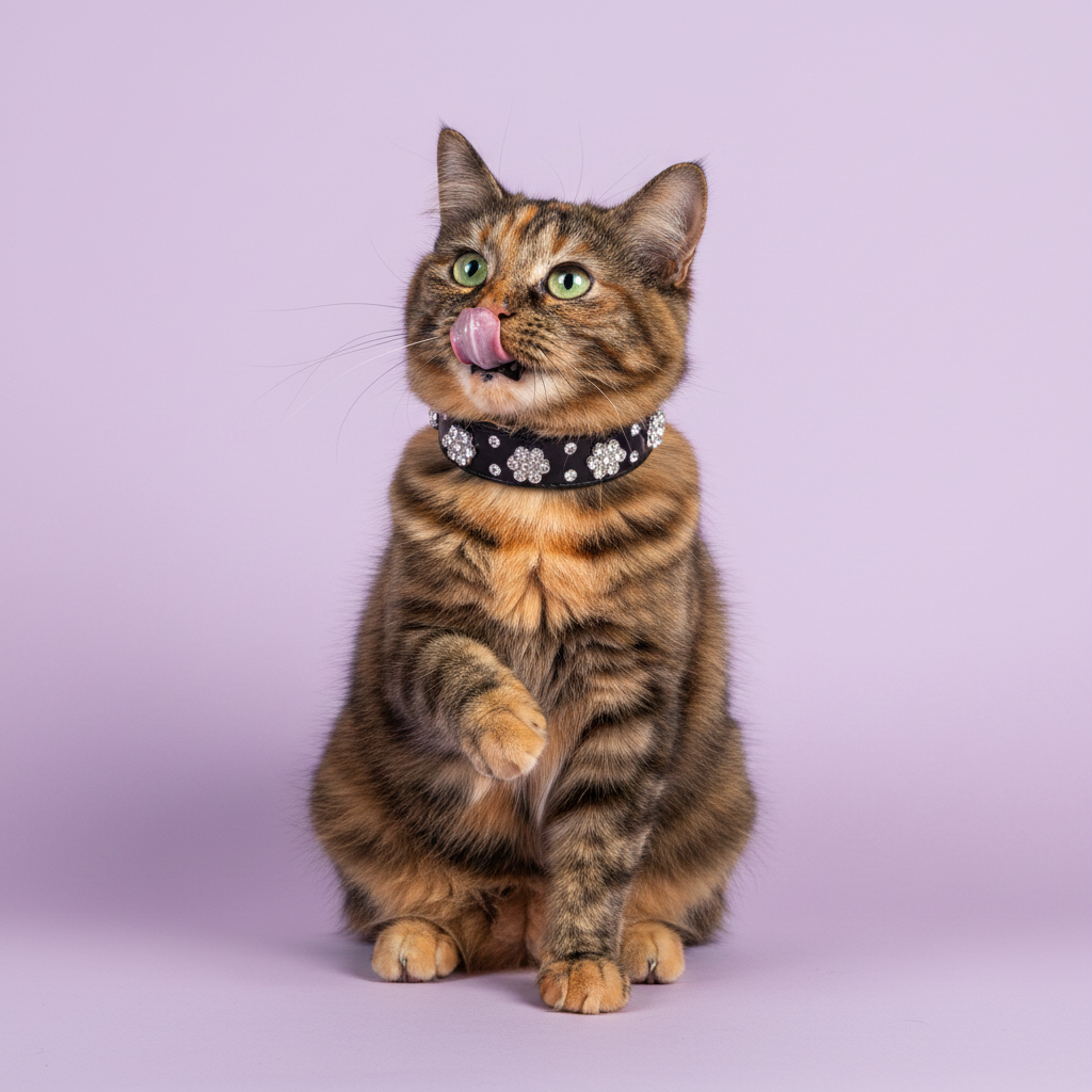 Tortoiseshell cat wearing a sparkling rhinestone collar against a soft lavender studio background.