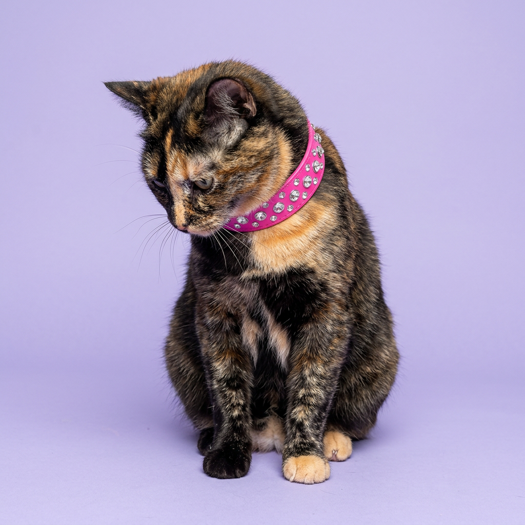 Tortoiseshell cat sitting and looking down, wearing the hot pink rhinestone collar