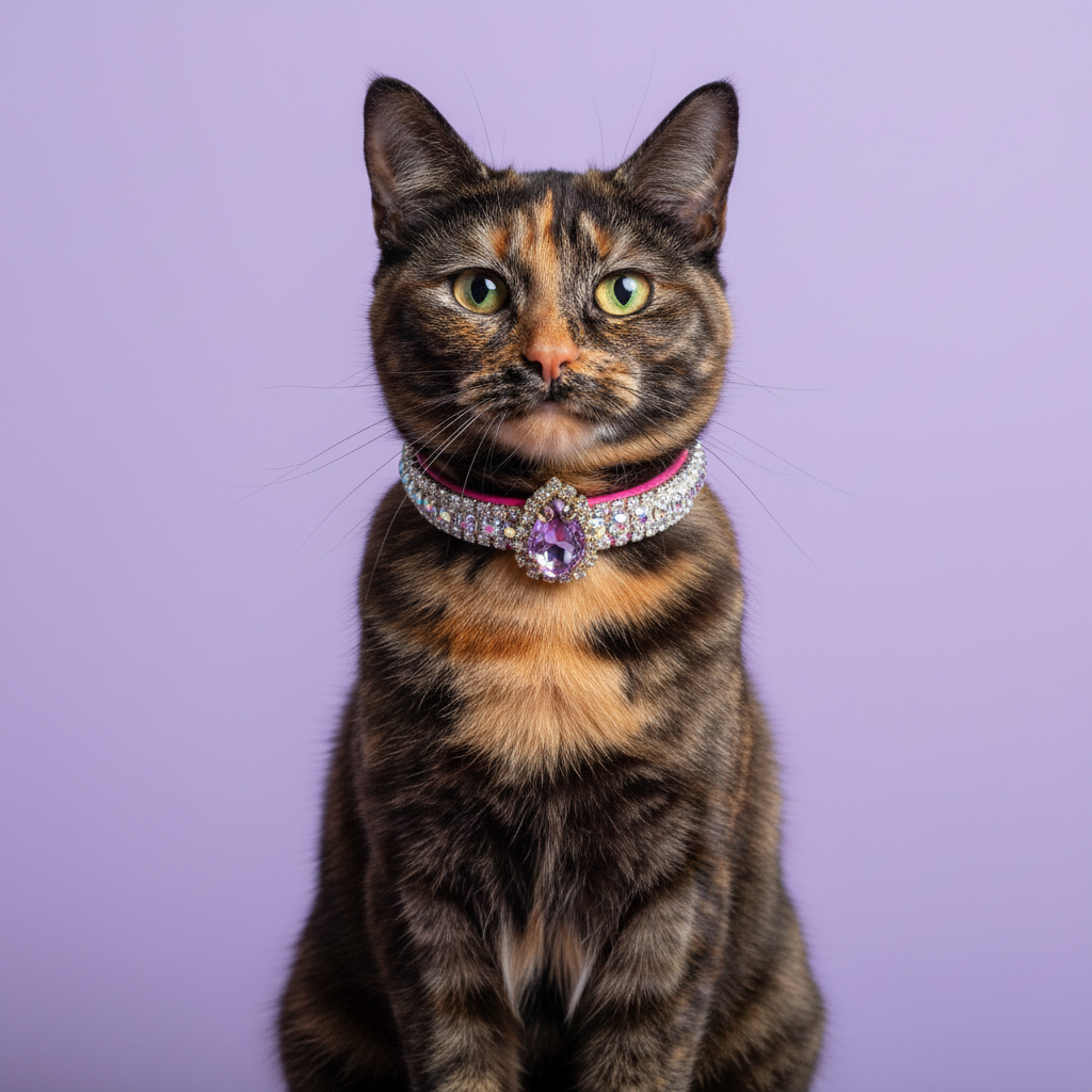 Yellow-green-eyed tortoiseshell cat sitting tall and facing camera wearing a pink rhinestone collar with oval purple amethyst crystal pendant, luxury gemstone cat collar on lavender background