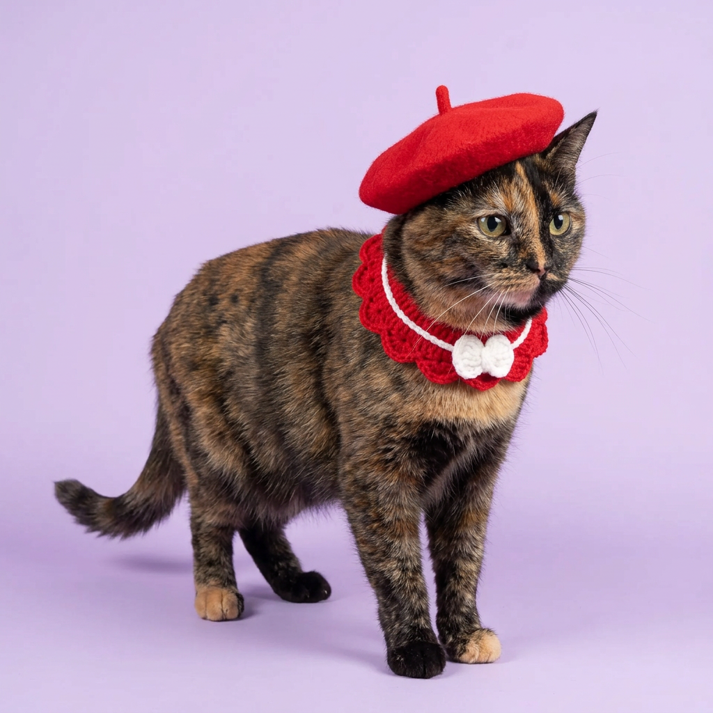 Tortoiseshell cat standing in the red beret and thin bib