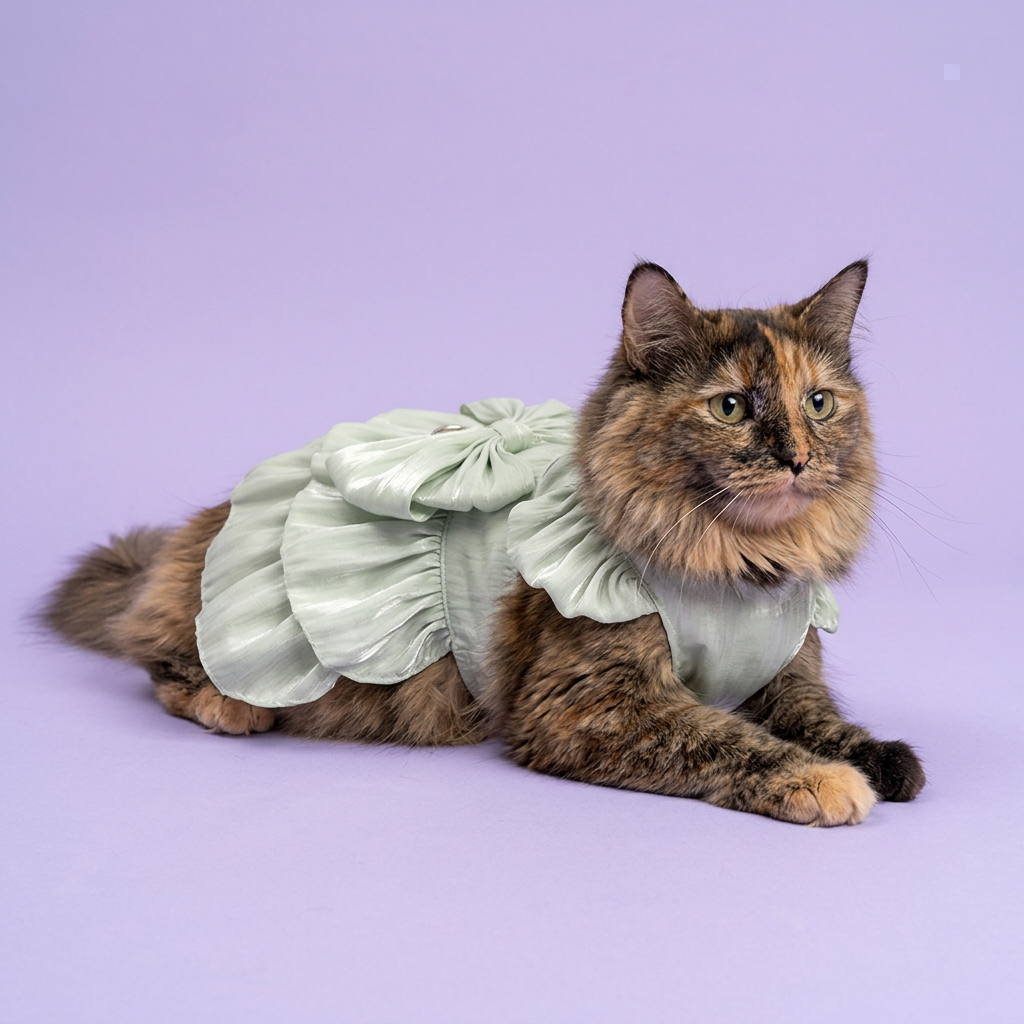 Tortoiseshell cat wearing the pale-mint dress