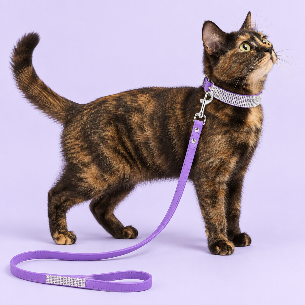 Tortoiseshell cat wearing the purple collar and leash