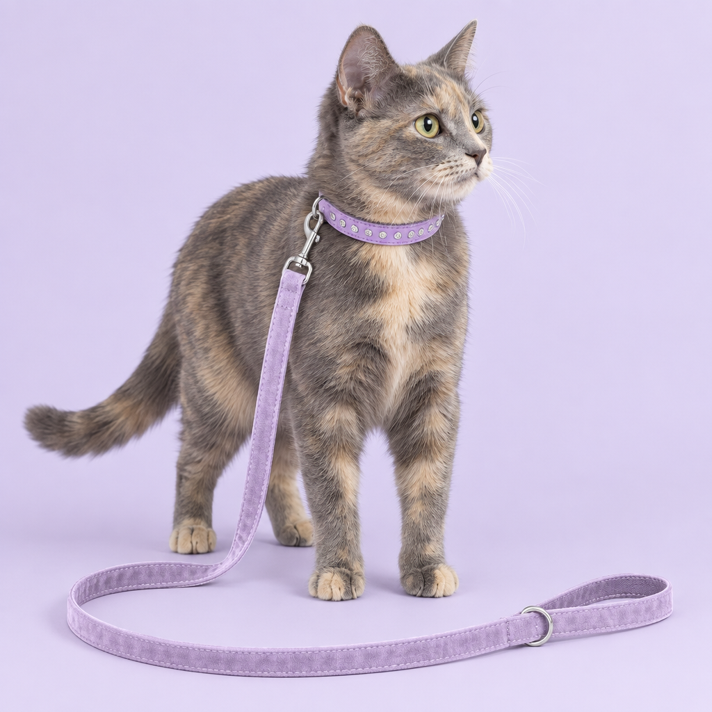 Tortoiseshell cat with purple rhinestone collar and lavender leash
