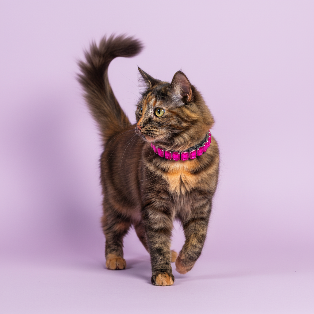 Tortoiseshell cat wearing a hot pink rhinestone collar against a soft lavender studio background.