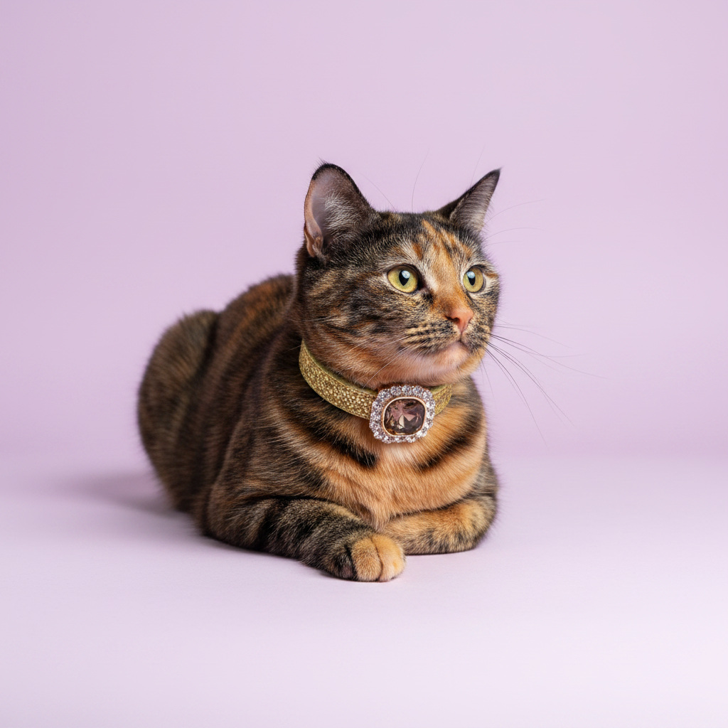 Yellow-green-eyed tortoiseshell cat lounging in loaf position and gazing upward wearing a gold glitter rhinestone cat collar with single smoky topaz cushion-cut gem and rhinestone halo centerpiece on lavender background