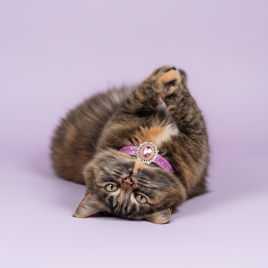Tortoiseshell cat lying on its back playfully wearing a lilac pink glitter breakaway cat collar with pink round crystal sunburst pendant