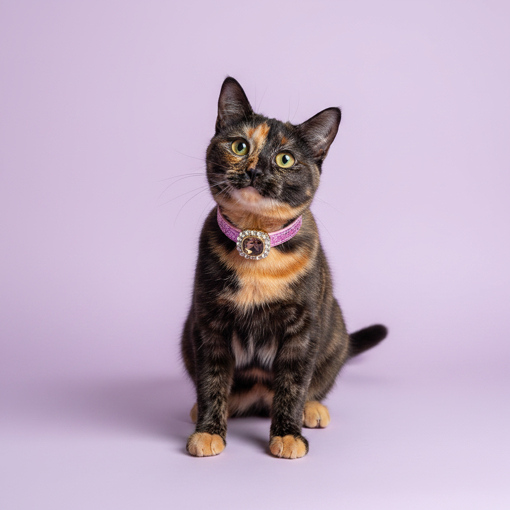 Green-eyed tortoiseshell cat sitting upright and gazing upward wearing a pink glitter rhinestone cat collar with smoky topaz cushion-cut gem and rhinestone halo centerpiece on lavender background