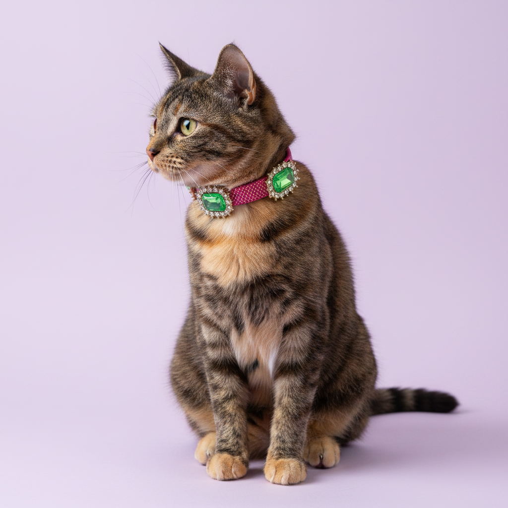 Yellow-green-eyed tortoiseshell cat sitting tall and gazing to the side wearing a magenta pink rhinestone collar with multiple rhinestone-framed emerald green rectangular crystal embellishments, luxury sparkle emerald gem breakaway cat collar on solid lavender background
