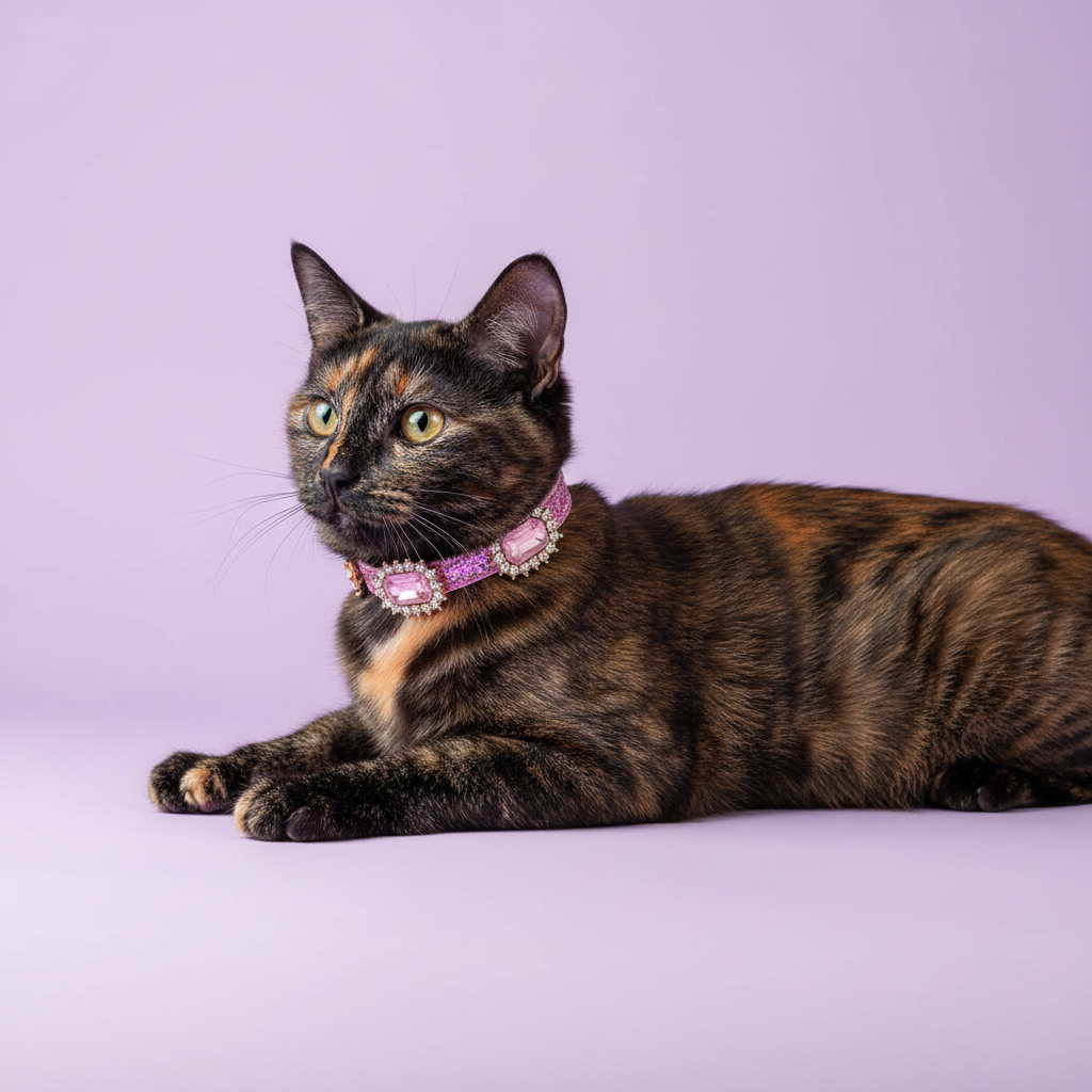 Yellow-green-eyed tortoiseshell cat lying down with front paws extended and gazing to the side wearing a pink glitter rhinestone collar with multiple rhinestone-framed blush pink rectangular crystal embellishments, luxury sparkle rectangular gem breakaway cat collar on solid lavender background