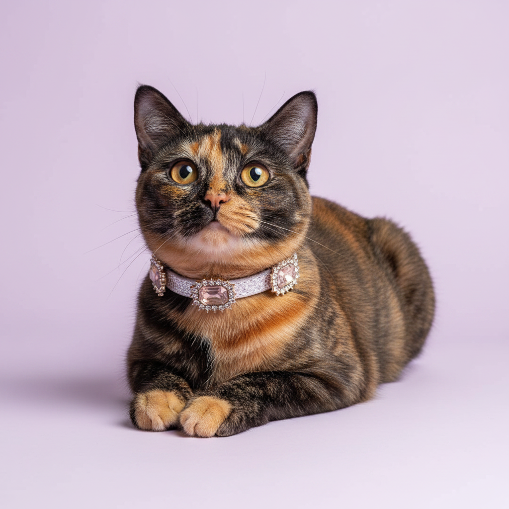 Yellow-eyed tortoiseshell cat lying down with front paws extended and gazing upward wearing a silver glitter rhinestone collar with multiple rhinestone-framed champagne blush rectangular crystal embellishments, luxury sparkle rectangular gem breakaway cat collar on solid lavender background