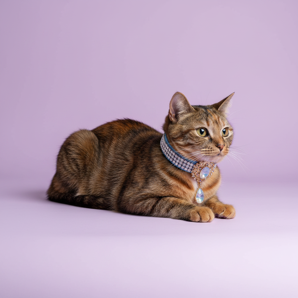 Green-eyed tortoiseshell cat lying down with front paws extended and gazing to the side wearing a light blue rhinestone collar with an ornate rose gold Victorian centerpiece featuring an oval iridescent opal crystal and a dangling teardrop opal pendant, luxury Victorian opal crystal cat collar on solid lavender background