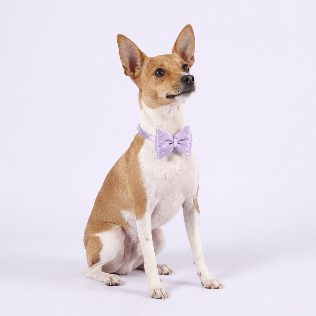 Toy fox terrier looking upward in lavender bow collar