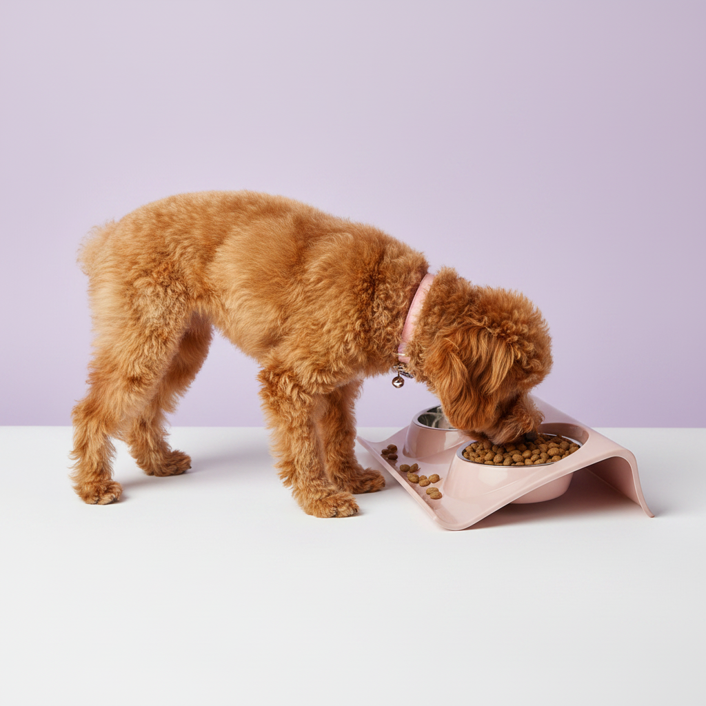 Toy Poodle eating dry kibble from a blush pink double pet bowl feeder with stainless steel bowls on elevated spill-proof tray, lavender background