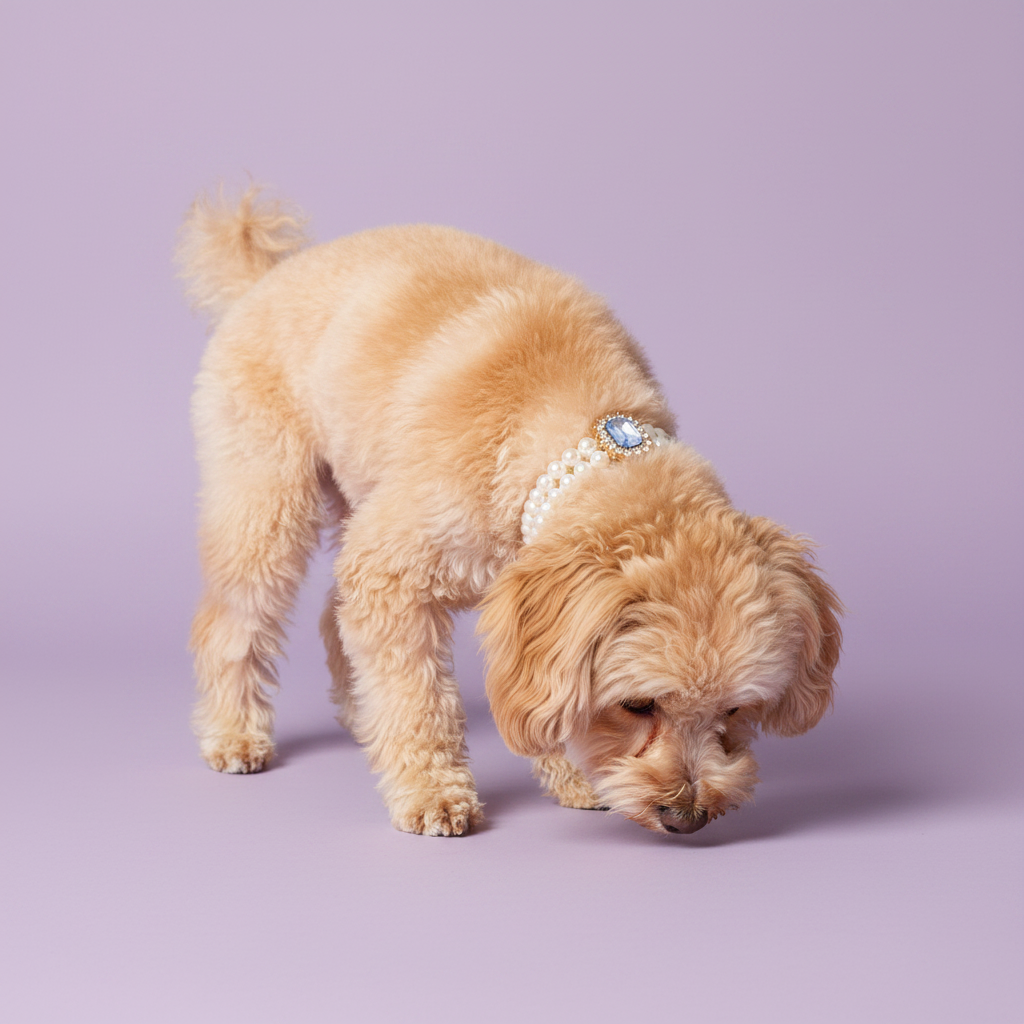 Apricot Toy Poodle sniffing the floor while wearing a pearl dog collar with a lavender gemstone against a lavender background