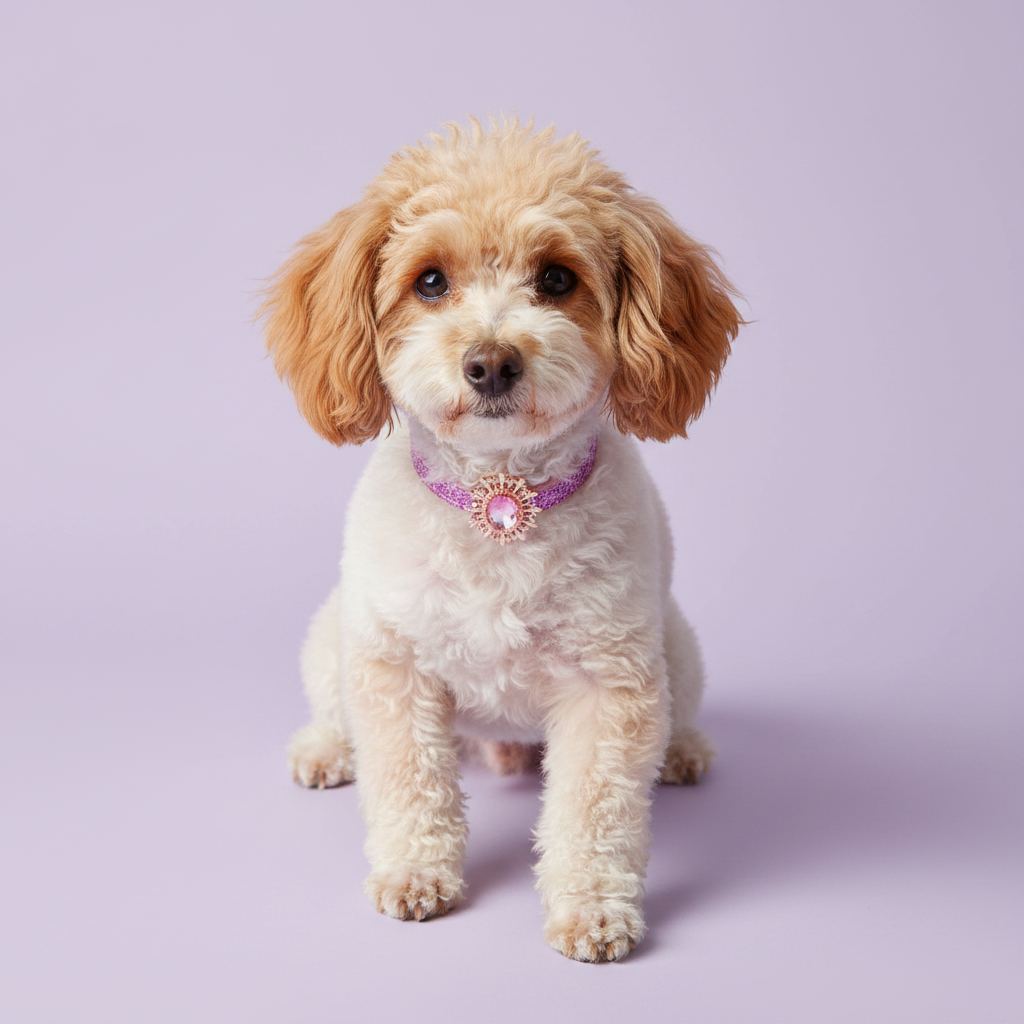 Apricot Toy Poodle wearing lilac pink rhinestone dog collar with pink round crystal sunburst pendant
