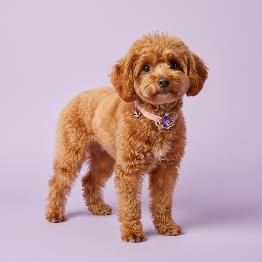 Toy Poodle wearing blush pink velvet dog collar with gold crown and purple amethyst teardrop gem pendant — luxury small dog collar