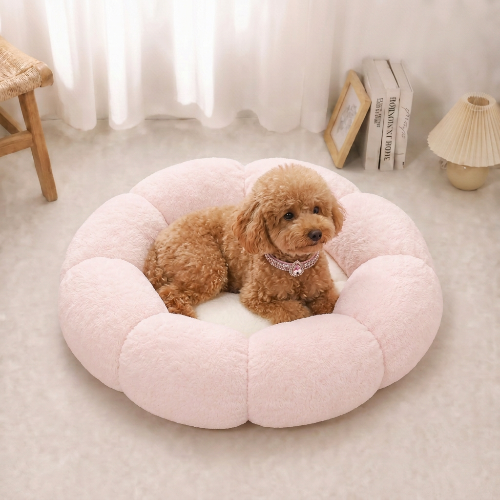 Toy poodle in pink flower bed wearing pink collar