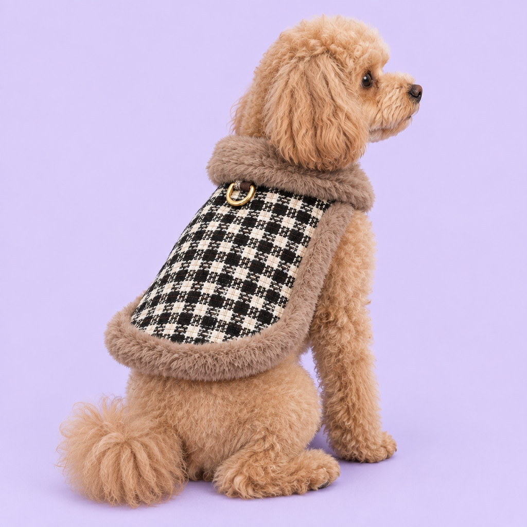 Toy poodle in plaid cape, no hat