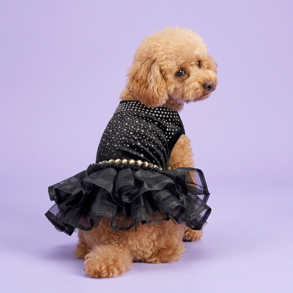 Toy poodle in the black rhinestone dress