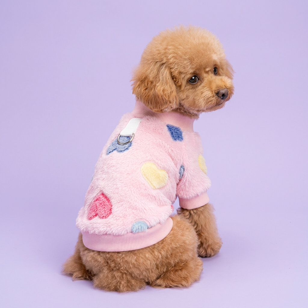 Toy poodle in the fluffy pink heart sweater