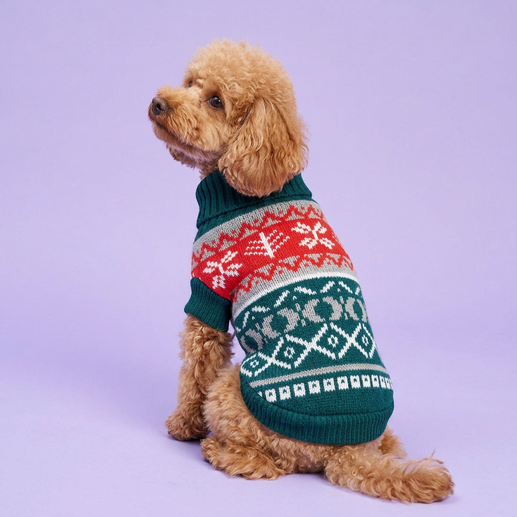 Toy poodle in the green red and grey sweater