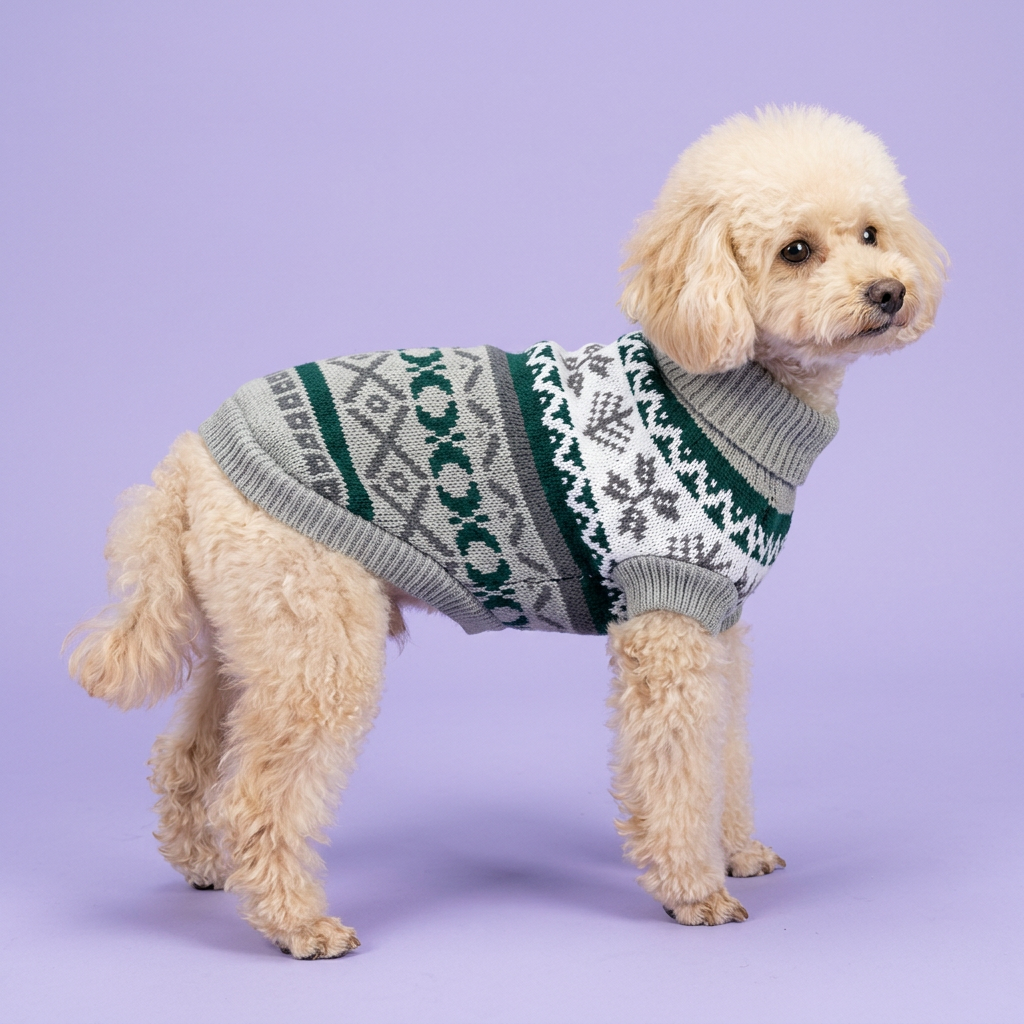 Toy poodle in the grey-and-green sweater