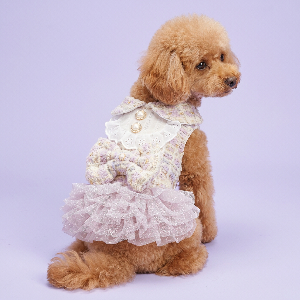 Toy poodle in the lilac tweed dress