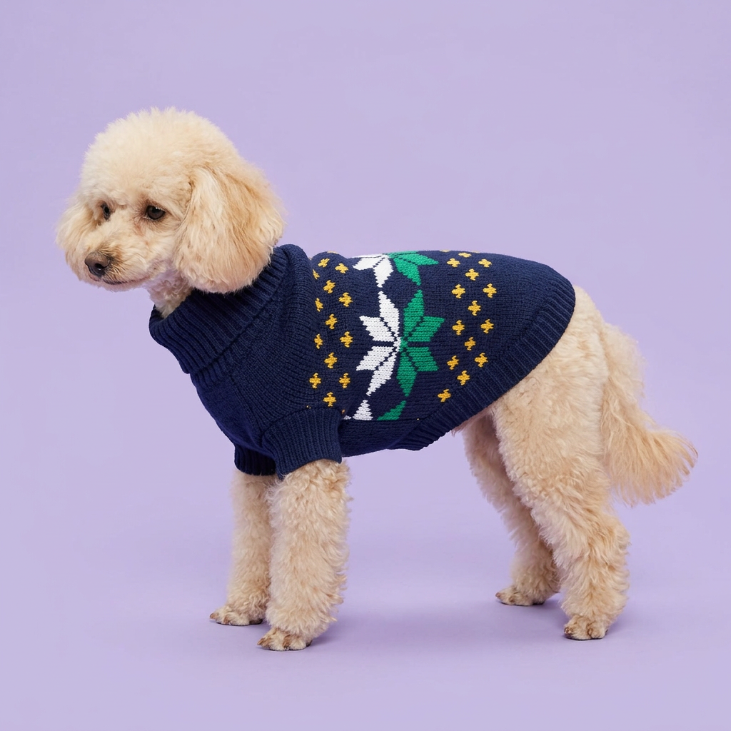 Toy poodle in the navy sweater