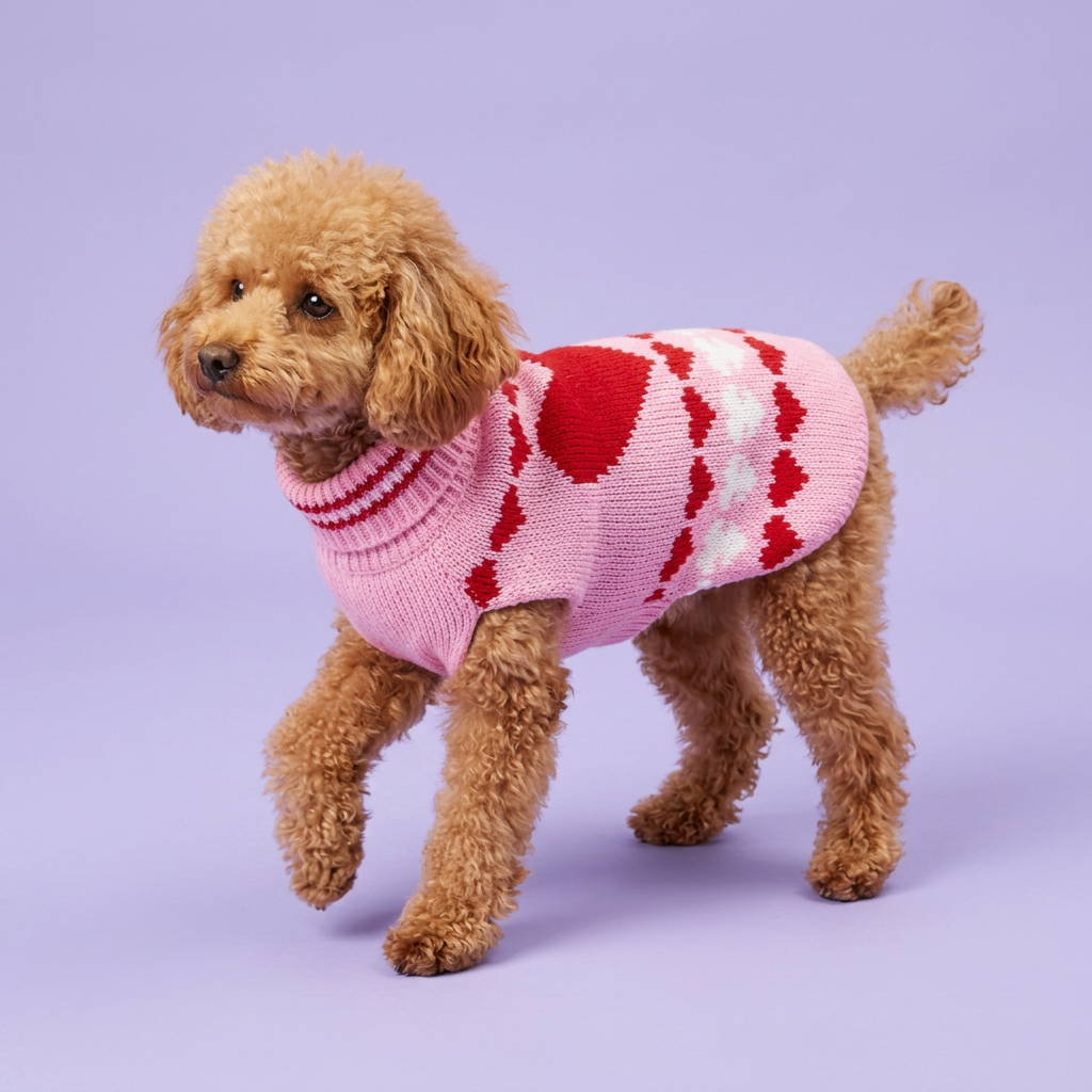 Toy poodle in the pink heart sweater