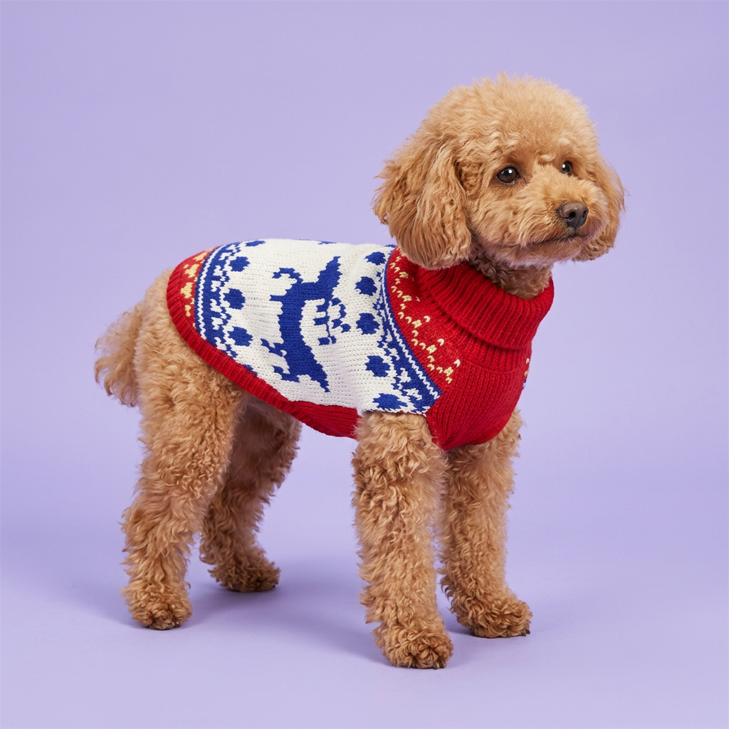 Toy poodle in the red white and blue reindeer sweater