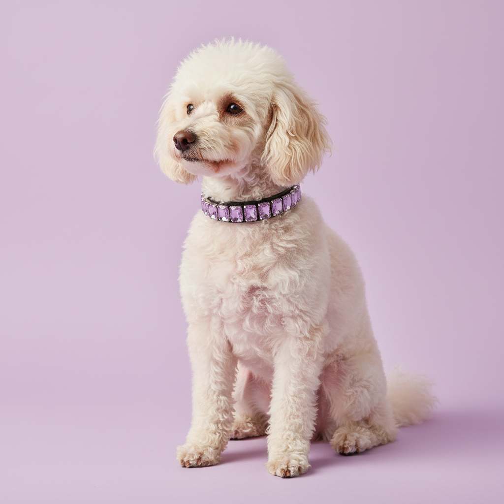 White Toy Poodle sitting and wearing a lavender crystal rhinestone collar against a soft lavender studio background.