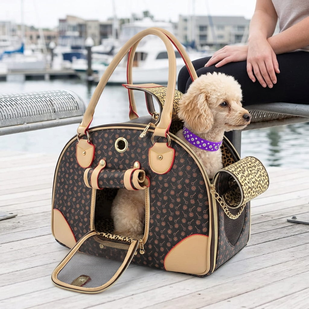 Toy poodle lifestyle mockup in the dark patterned carrier with a purple rhinestone collar