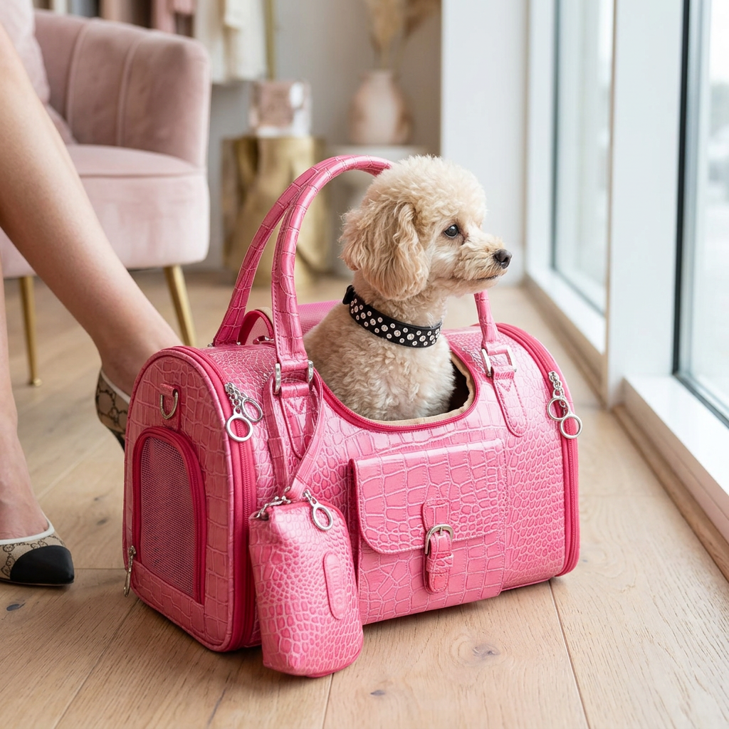 Toy poodle lifestyle mockup in the pink crocodile-textured carrier