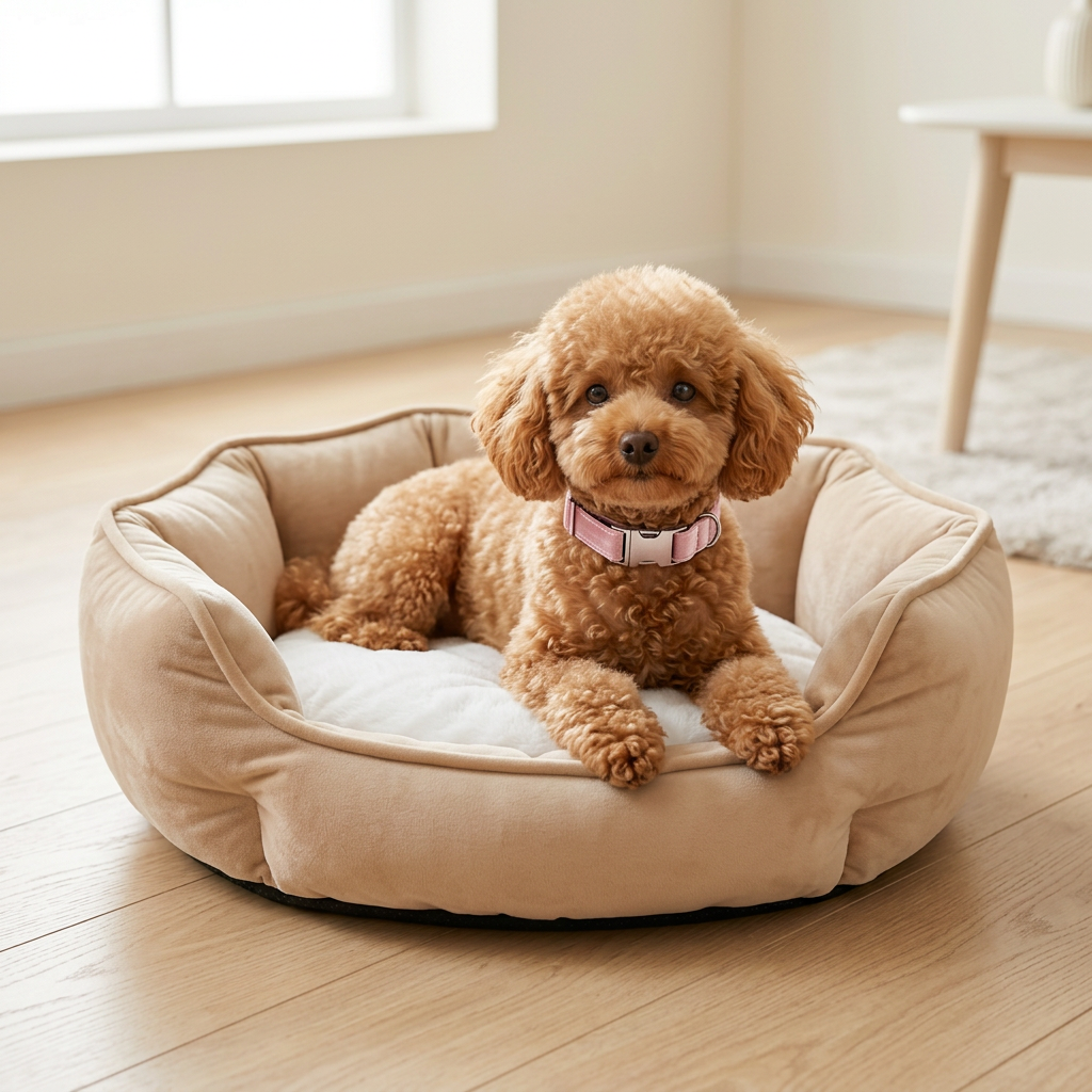 Toy poodle lounging in the beige bed wearing your blush pink collar