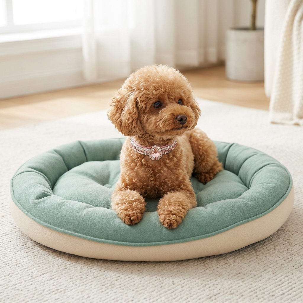 Toy poodle on sage oval bed wearing pink collar