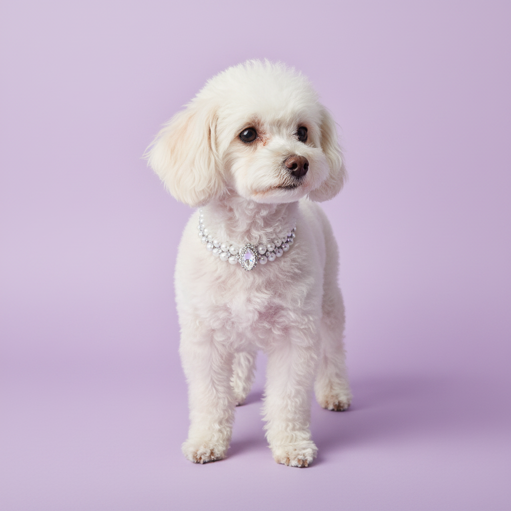 White Toy Poodle standing and facing forward, wearing the double-strand white pearl collar with a marquise-cut crystal centerpiece, on a soft lavender background — real lifestyle photo