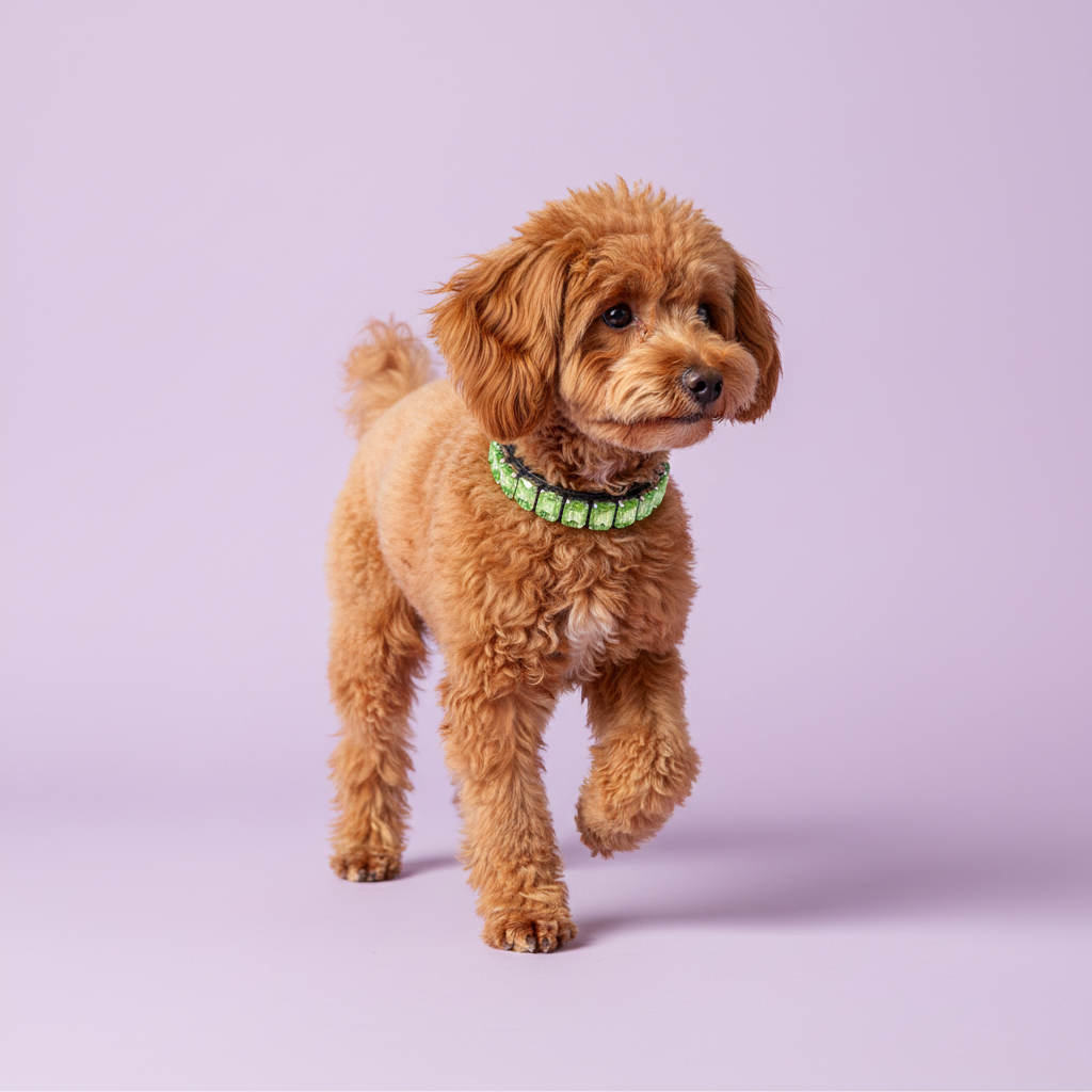 Toy Poodle wearing a peridot green rhinestone collar against a soft lavender studio background.