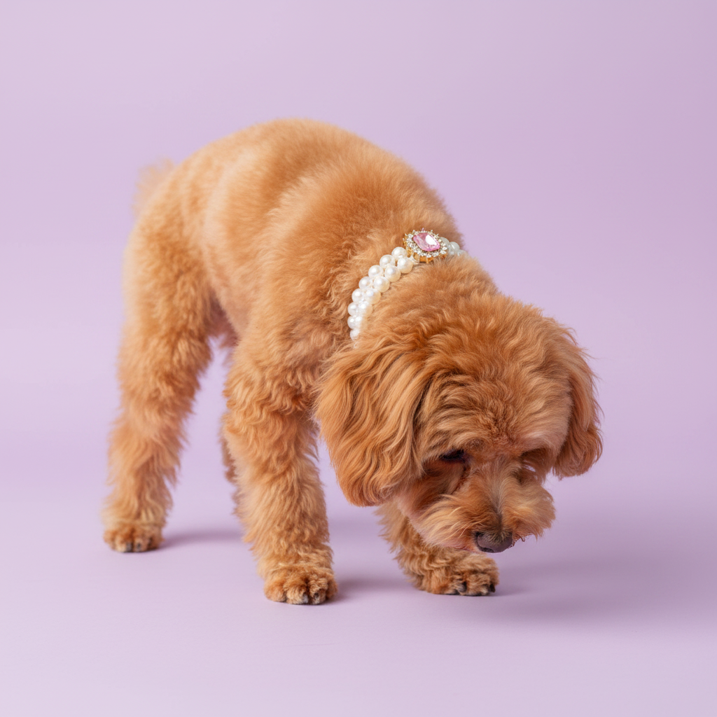 Apricot Toy Poodle sniffing ground wearing luxury double-strand pearl dog collar with pink crystal centerpiece on lavender background