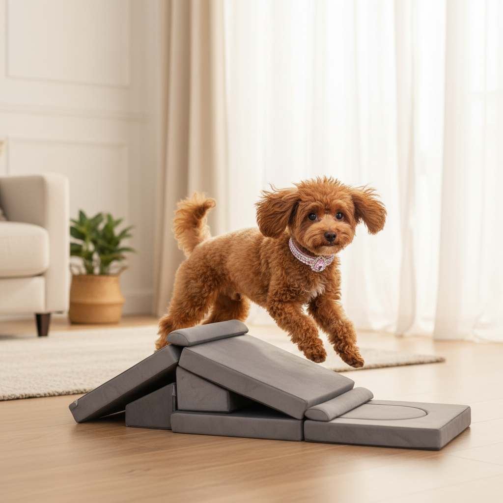 Toy poodle playing across the low flat cushion configuration wearing the exact pink jeweled collar