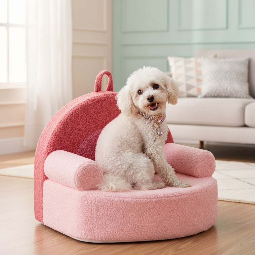 Toy poodle playing on the pink pet chair wearing the exact pink and lavender jeweled collar
