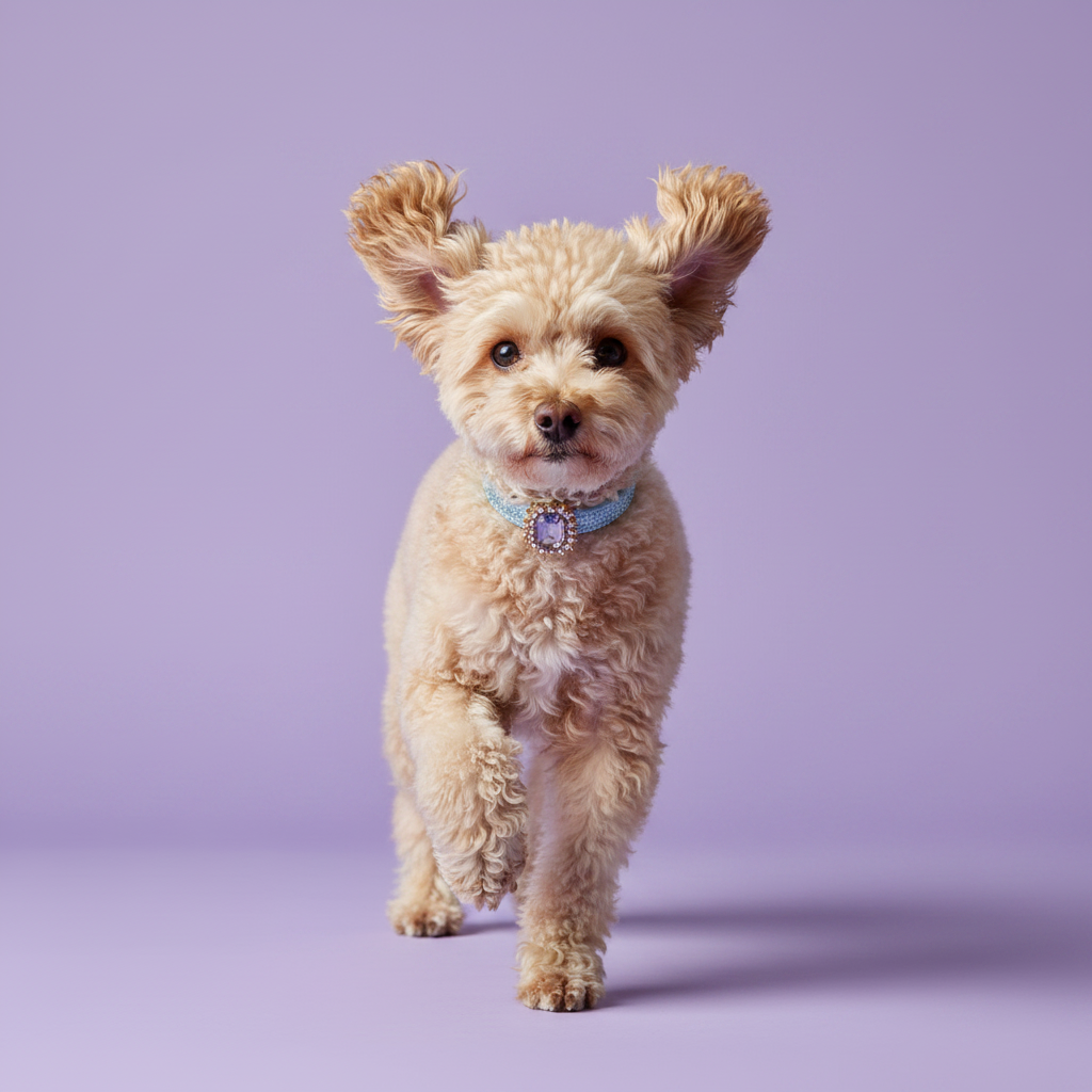 Apricot Toy Poodle running wearing a blue sapphire crystal rhinestone dog collar