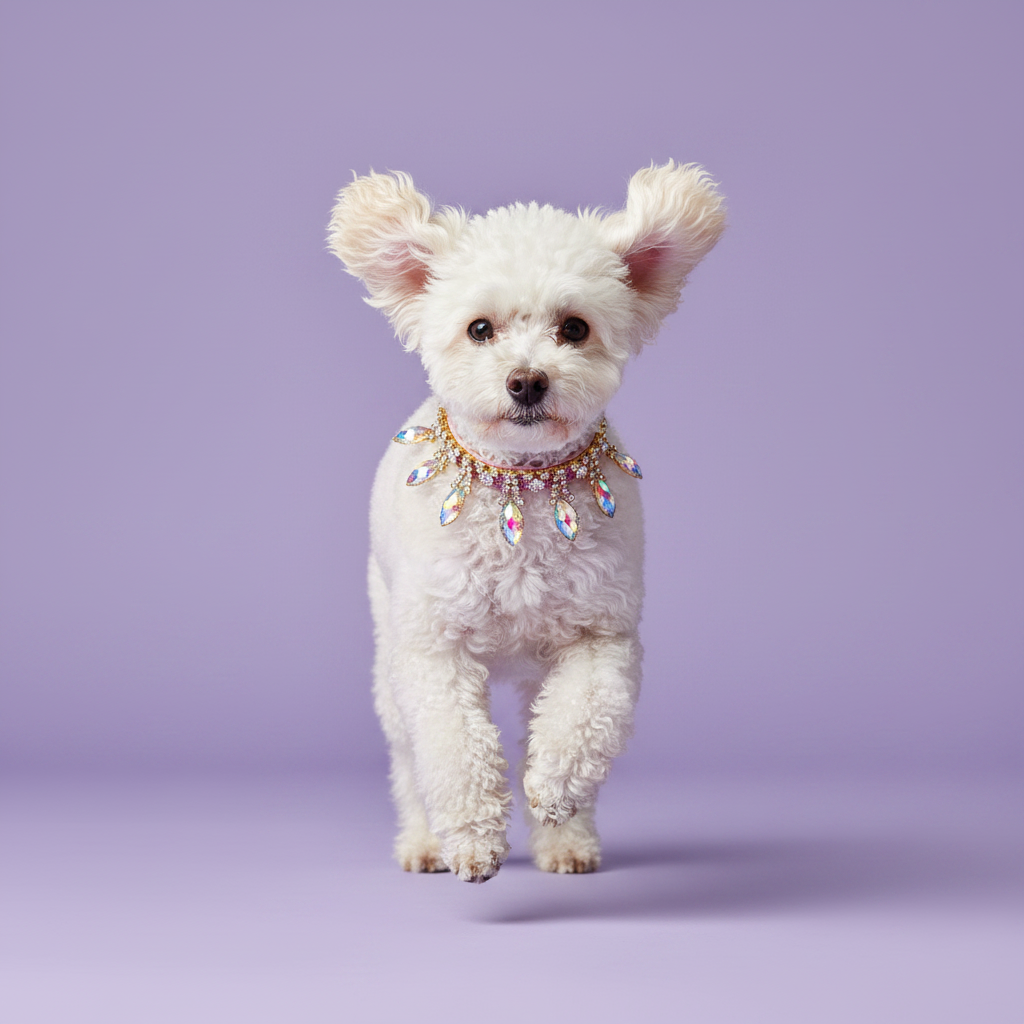 White Toy Poodle running toward camera wearing an iridescent crystal fringe rhinestone dog collar