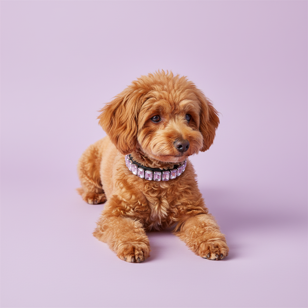Apricot Toy Poodle lying down and wearing a clear crystal rhinestone collar against a soft lavender studio background.